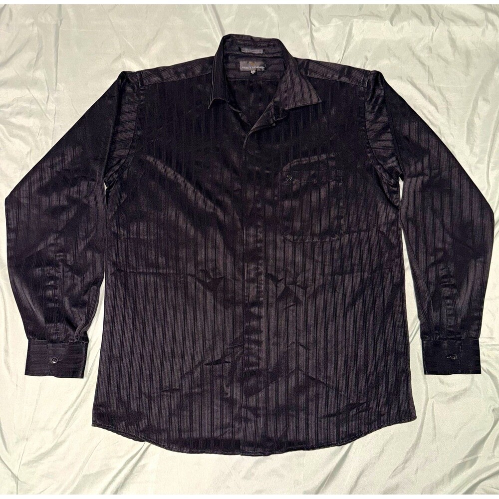VTG Black Satin Striped Button Up Shirt Mens M Silky Shadow Stripe Y2K Goth